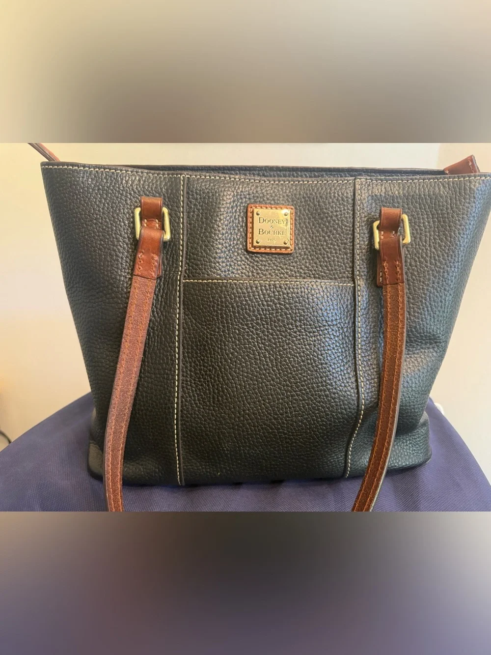 Dooney & Bourke Black Lexington Leather Tote with Brown Straps
